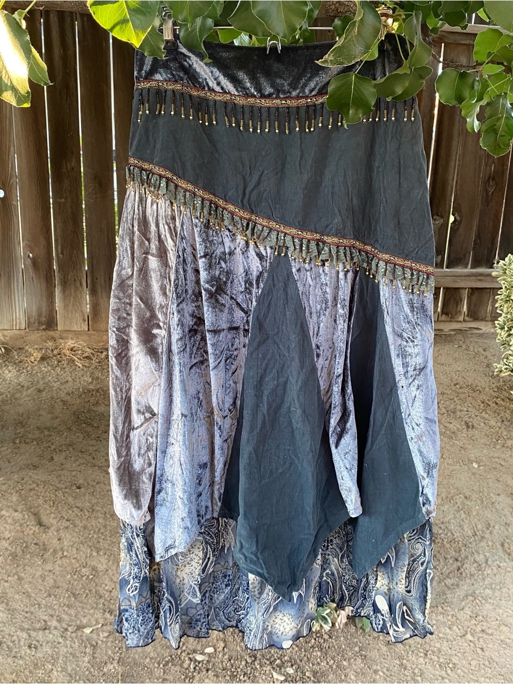 Ren Faire Mixed Media Skirt sz M Whimsigoth Gypsy Beaded Fringe Velvet Corduroy
